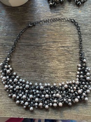 Antiqued Gunmetal Tone Pearl and Crystal Cluster Choker Necklace