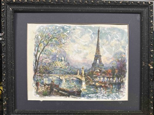 Framed Watercolor Painting of Paris with Eiffel Tower and Seine River