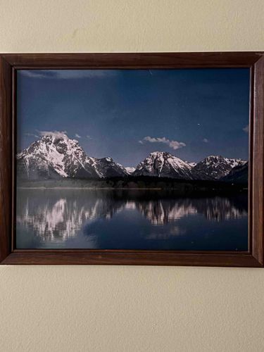 Framed Scenic Mountain and Lake Landscape Photograph