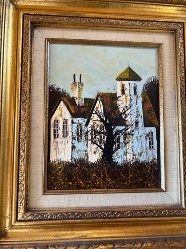 Framed Impasto Oil Painting of a Colonial-Style House