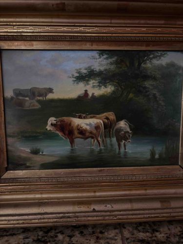 Late Victorian Pastoral Oil Landscape with Cattle