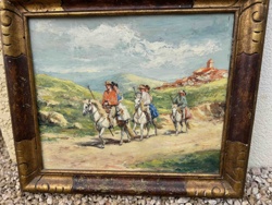 Equestrian Landscape Painting with Riders and Distant Village