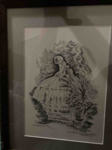 Framed Pen and Ink Drawing of Roman-style Fountain with Figure