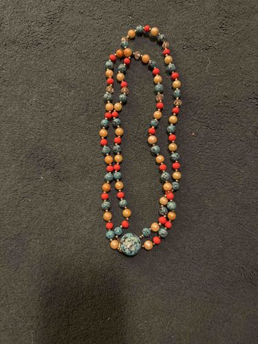 Multi-strand Beaded Necklace with Central Mottled Blue Bead