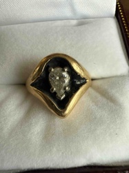 Vintage Gold and Dark Patinated Silver Ring with Pear-Cut Solitaire