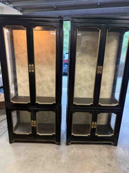 Pair of Oriental Style Black Lacquer and Gold Trim Display Cabinets