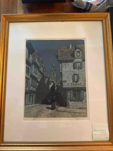 Framed European Nocturne Street Scene Print with 'TABAC' Sign
