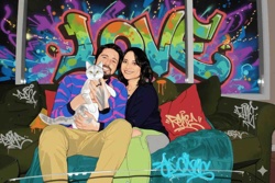 Custom Digital Illustration of a Couple, Cat, and Graffiti Background