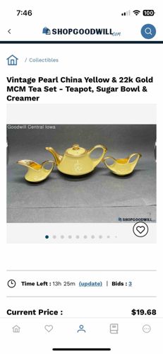 Vintage Pearl China Yellow & 22k Gold Mid-Century Modern Tea Set (Teapot, Sugar Bowl & Creamer)