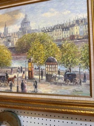 Framed Oil Painting: Parisian Riverside Scene