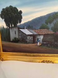 Rural Landscape Painting with Stone House and Figure