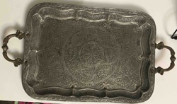 Ornate Engraved Metal Serving Tray with Handles