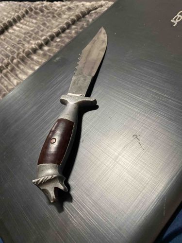 Fixed Blade Knife with Serrated Spine and Decorative Pommel