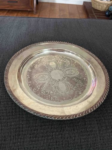 Ornate Silver-Plated Serving Tray with Rope-Twist Rim