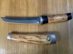 Scandinavian Fixed Blade Knife with Burl Wood Handle and Matching Sheath