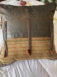 Distressed Leather and Woven Fabric Decorative Cushion