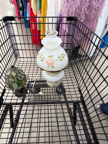 Vintage Milk Glass 'Gone with the Wind' Style Hurricane Lamp and Small Tiffany-Style Accent Lamp