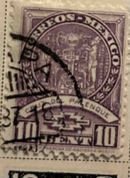 Used 1928 Mexico 10 Centavos Postal Stamp (Temple of the Cross, Palenque)