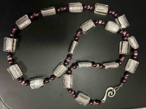 Murano Glass and Plum Pearl Beaded Necklace