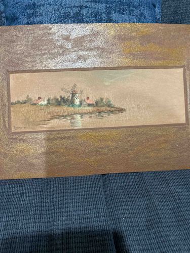 Framed Miniature Windmill Landscape Painting