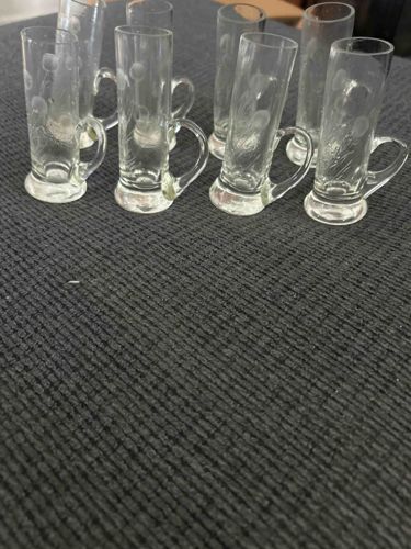 Set of Eight Etched Glass Handled Shot/Cordial Mugs