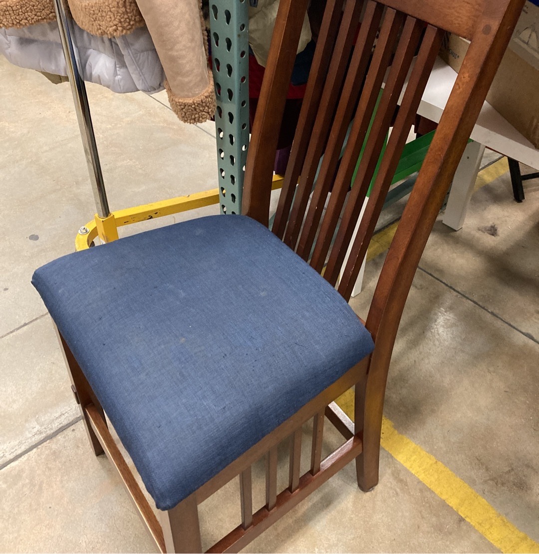 Submitted photo of Wooden dining chair with blue upholstered seat