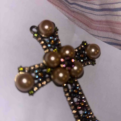 Faux Pearl and Rhinestone Cross Brooch/Pendant