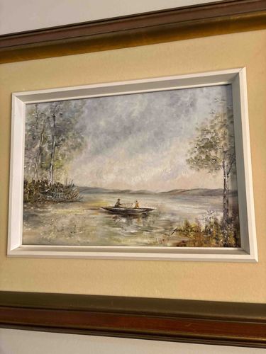 Framed Oil Painting: Lake Scene with Boat and Figures (Signed Jean Smith)