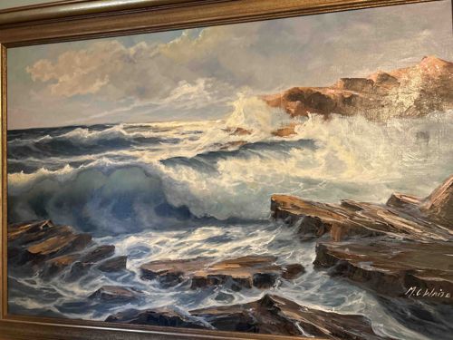 Seascape Oil Painting with Crashing Waves and Rocky Shore