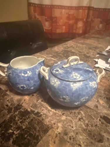 Blue and White Floral Pattern Ceramic Sugar Bowl and Creamer Set
