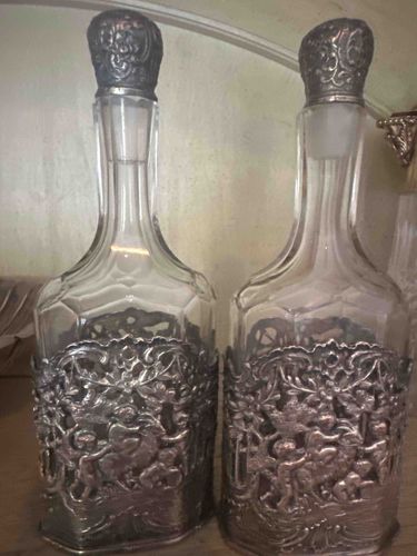 Pair of Antique OR Vintage Glass Decanters with Ornate Metal Overlay