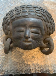 Mesoamerican Style Terracotta Face Mask with Spiraled Ear Ornaments and Headdress