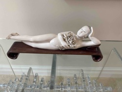 Chinese Reclining Doctor's Lady Figurine with Wooden Base