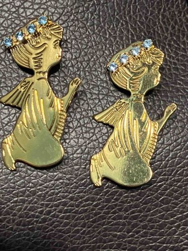 Pair of Gold-Toned Angel Brooches with Blue Rhinestones