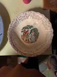 Scalloped Ceramic Bowl with Rococo-Style Figural Scene and Gold Filigree