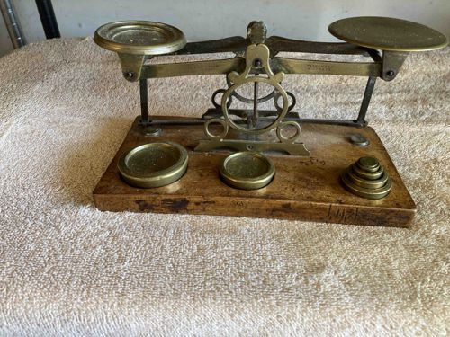 Victorian Brass Postal Scale with Wooden Base and Nested Weights