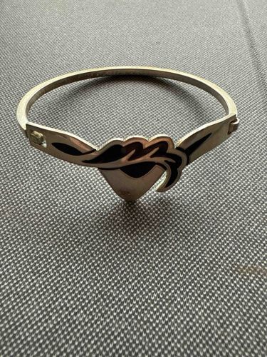 Silver Tone Bangle Bracelet with Black Enamel Design