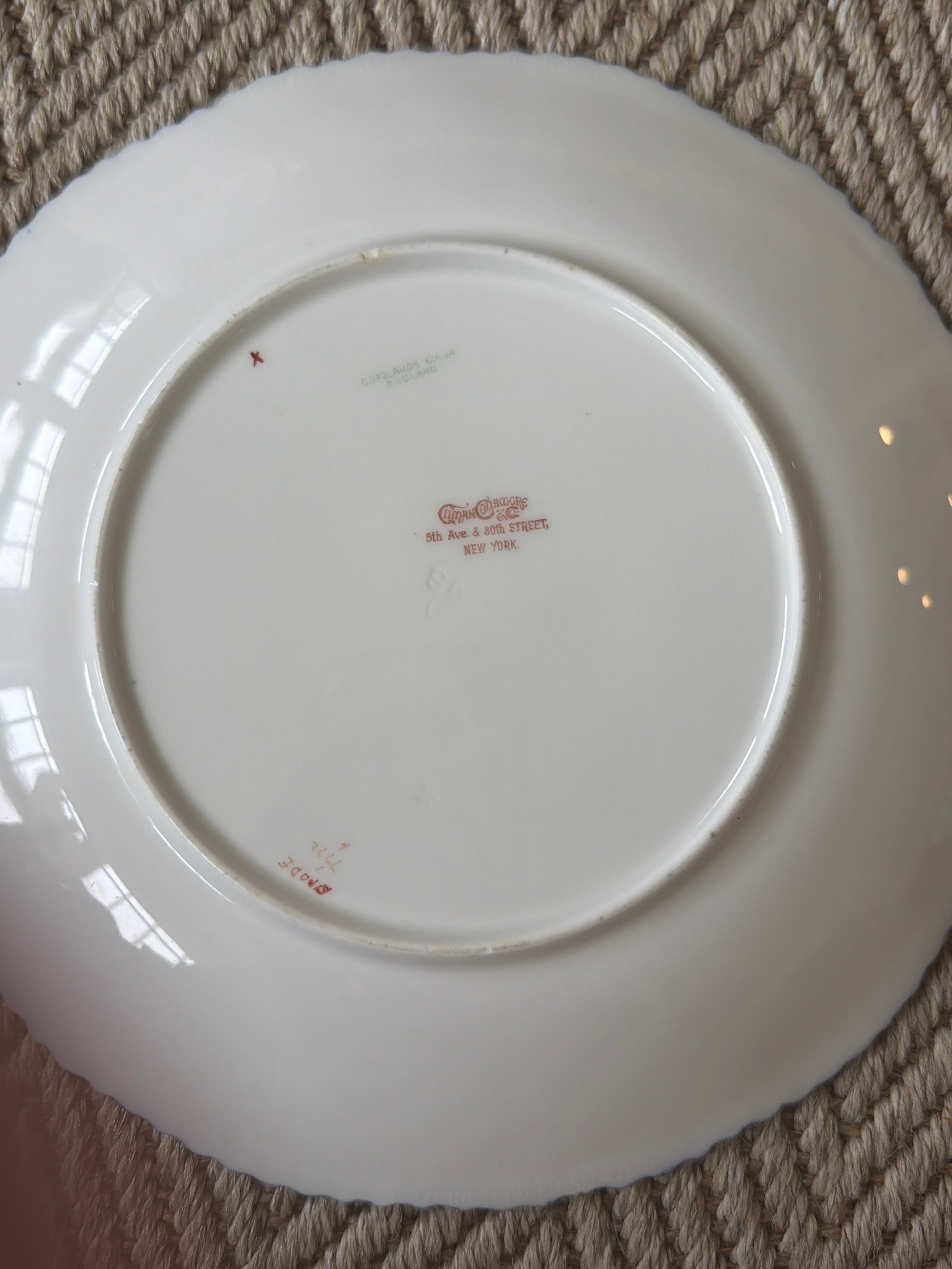 Submitted photo of Porcelain plate, bearing marks for Gilman Collamore & Co. and Copeland's China