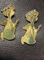 Pair of Gold-Toned Angel Brooches with Blue Rhinestones