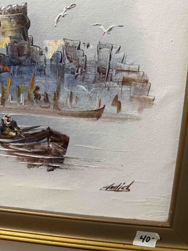 Figurative Painting of a Coastal Scene with Boats