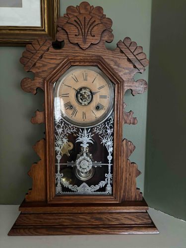 Antique Oak Mantel Clock with Gilt Etched Glass