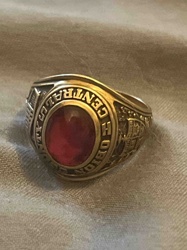 University Class Ring with Red Stone