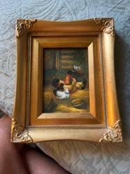 Framed Oil Painting 'Chickens in a Coop'