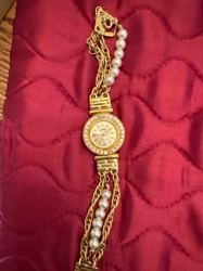 Gold-Toned Rhinestone Bezel Ladies' Bracelet Watch with Pearls