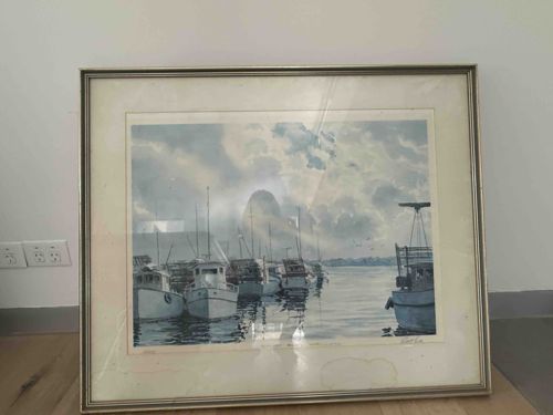 Framed Harbor Scene Print with Fishing Boats