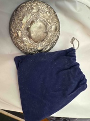 Ornate Silver-Toned Decorative Dish with Pouch