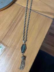 Vintage Silver-Tone Rope Chain Necklace with Hexagonal Blue Stone and Tassel Pendant