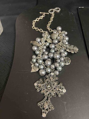 Gray Pearl and Rhinestone Charm Bracelet with Cross Pendant