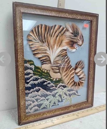 Framed Three-Dimensional Textile Art: Tiger on Mountain Landscape