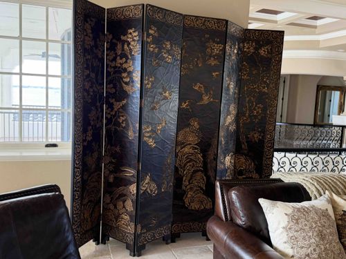 Six-Panel Chinese Chinoiserie Lacquer Folding Floor Screen